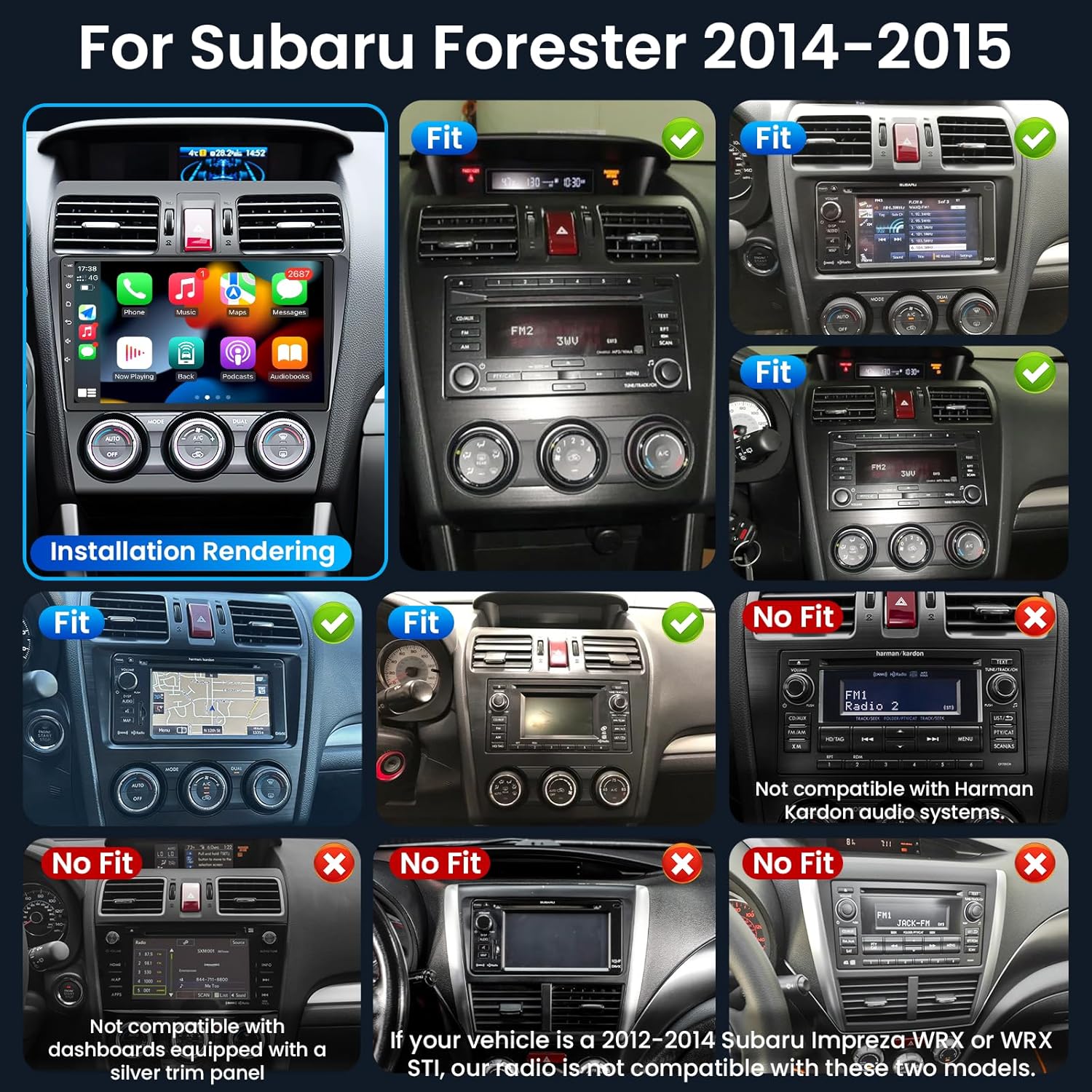 4Core Car Radio for Subaru Forester WRX Impreza 2014 2015: Wireless CarPlay&Android Auto with 9" HD Touchscreen Bluetooth WiFi GPS FM Suitable for Harman Kardon Systems 1080 Backup Camera SWC